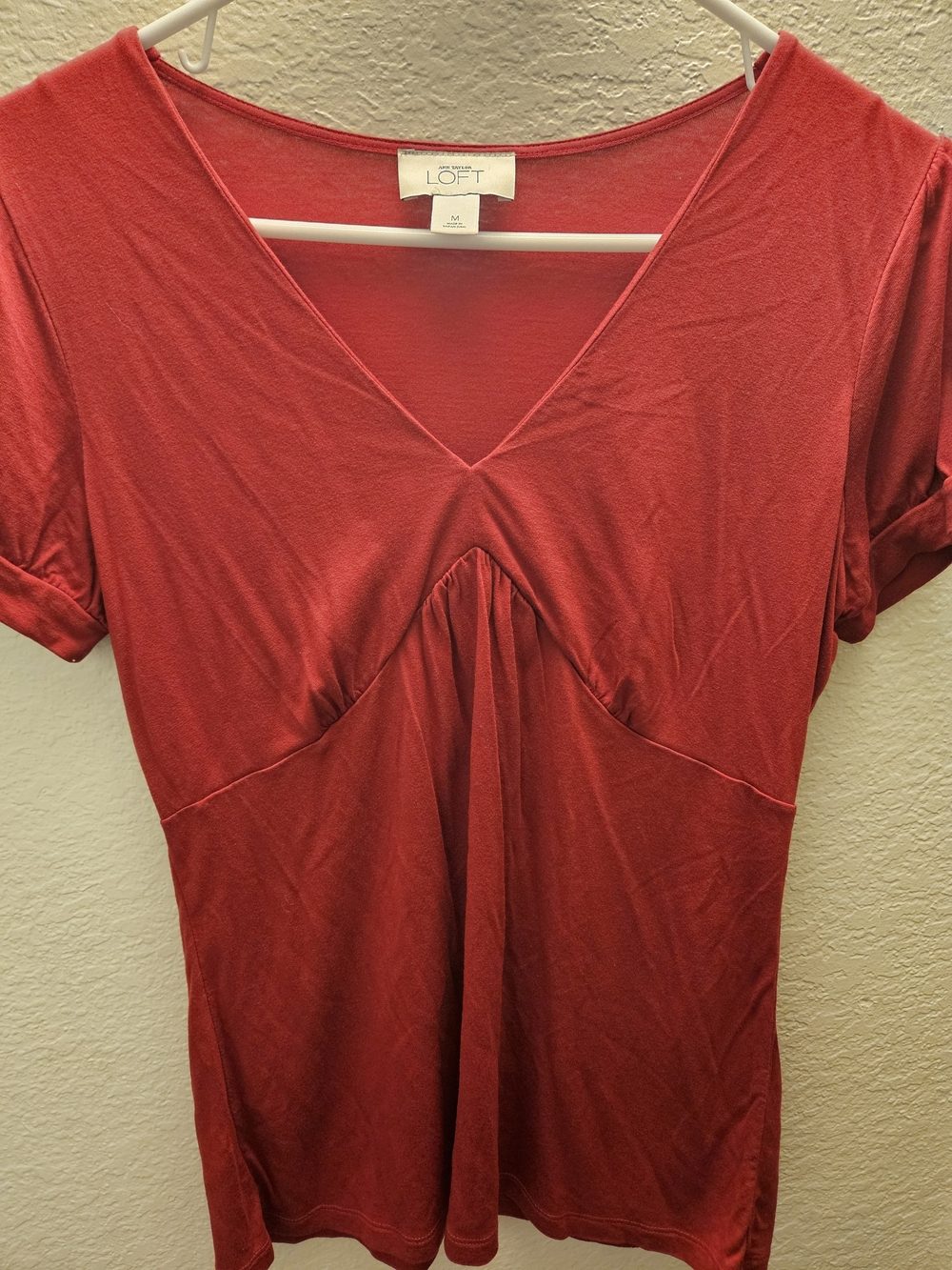LOFT Coral-Red V-Neck Short Sleeve Tee with Front Gather